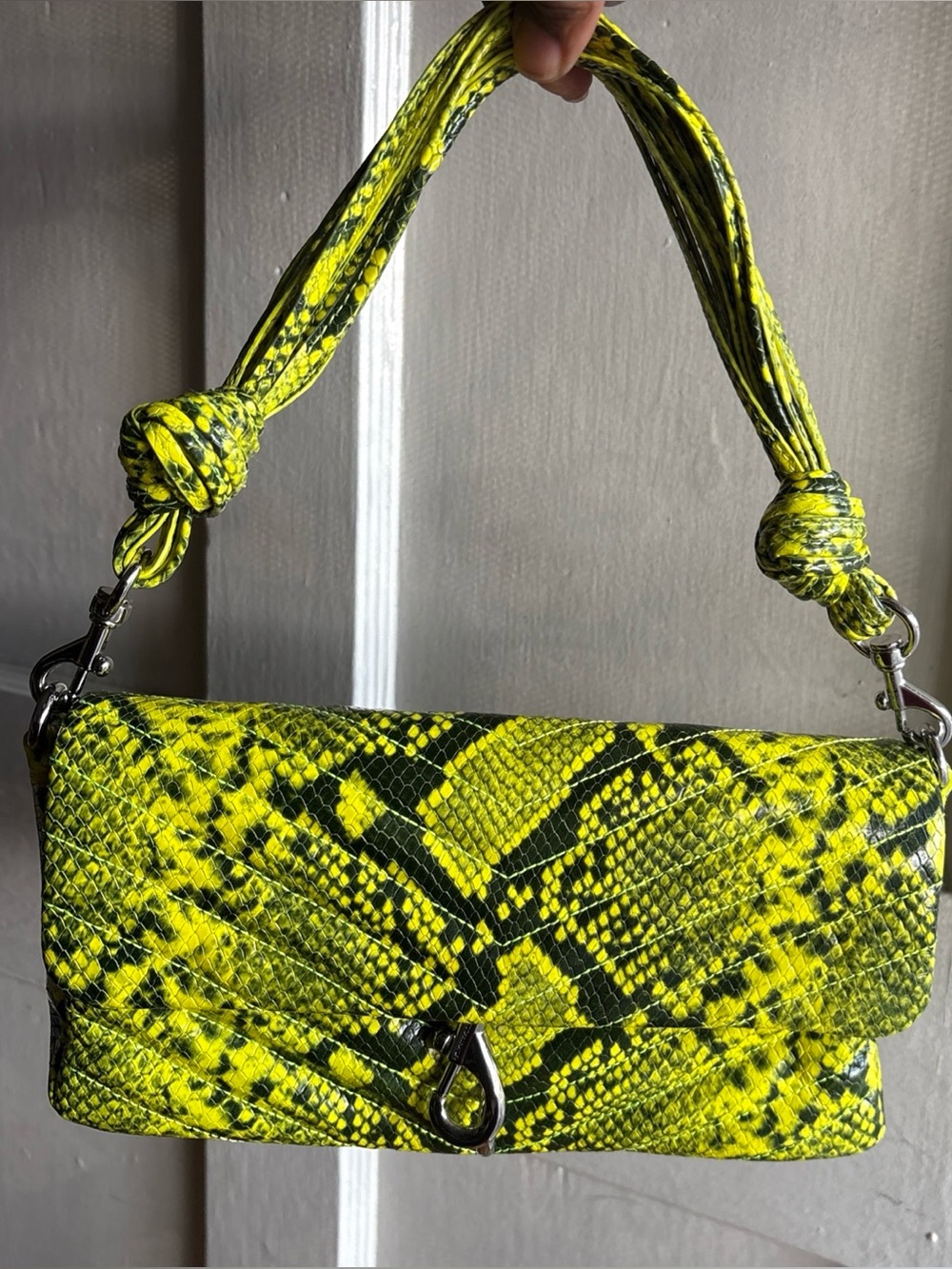 NWT Rebecca Minkoff Edie Snake Print Baguette Shoulder Bag Neon Yellow